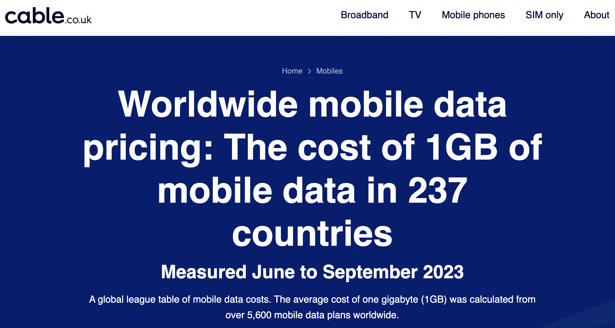 Screenshot from cable.co.uk website where the full data set can be downloaded
